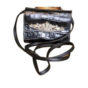 Vintage Brighton CB Wallet Organizer Black Croc Embossed‎ Leather Silver Emblem